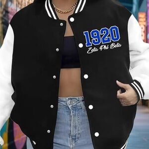 Zeta Black and White Varsity Jacket with Blue Accents